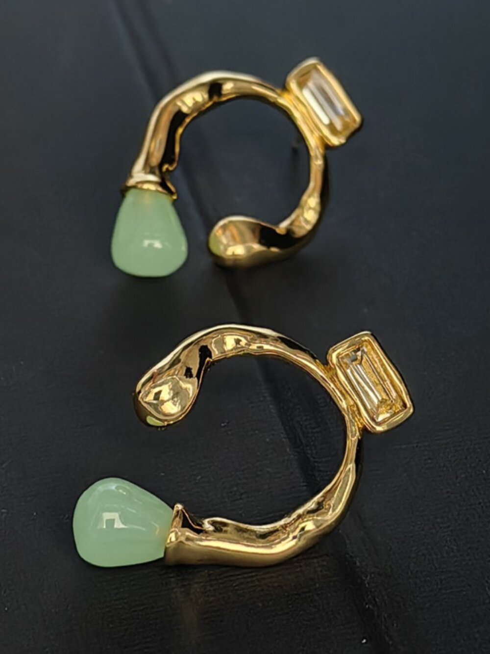Gold-Tone Baguette Crystal & Green Teardrop C-Hoop Earrings